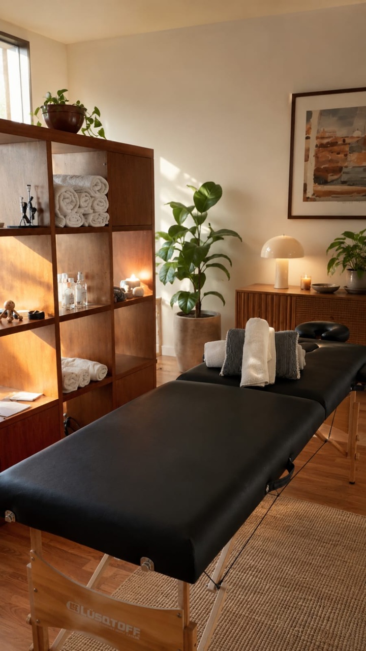 Sala de tratamientos con mesa de masajes, plantas y ambiente sereno
